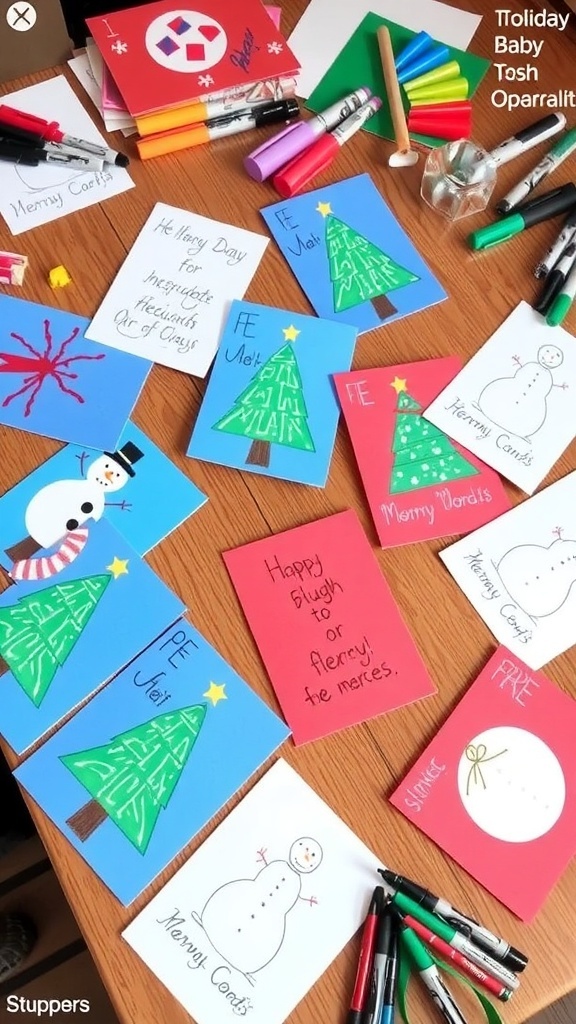 A collection of DIY Christmas cards made by children, featuring festive designs and bright colors.